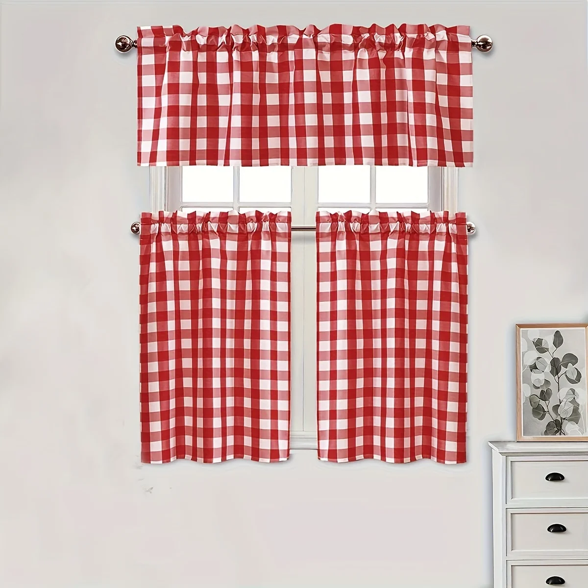 1 Set, Christmas Decoration Red Plaid Small Curtain Set, Rod Pocket Installation, Suitable for Living Room, Bedroom, Kitchen, Rv, Cabinet, Basement