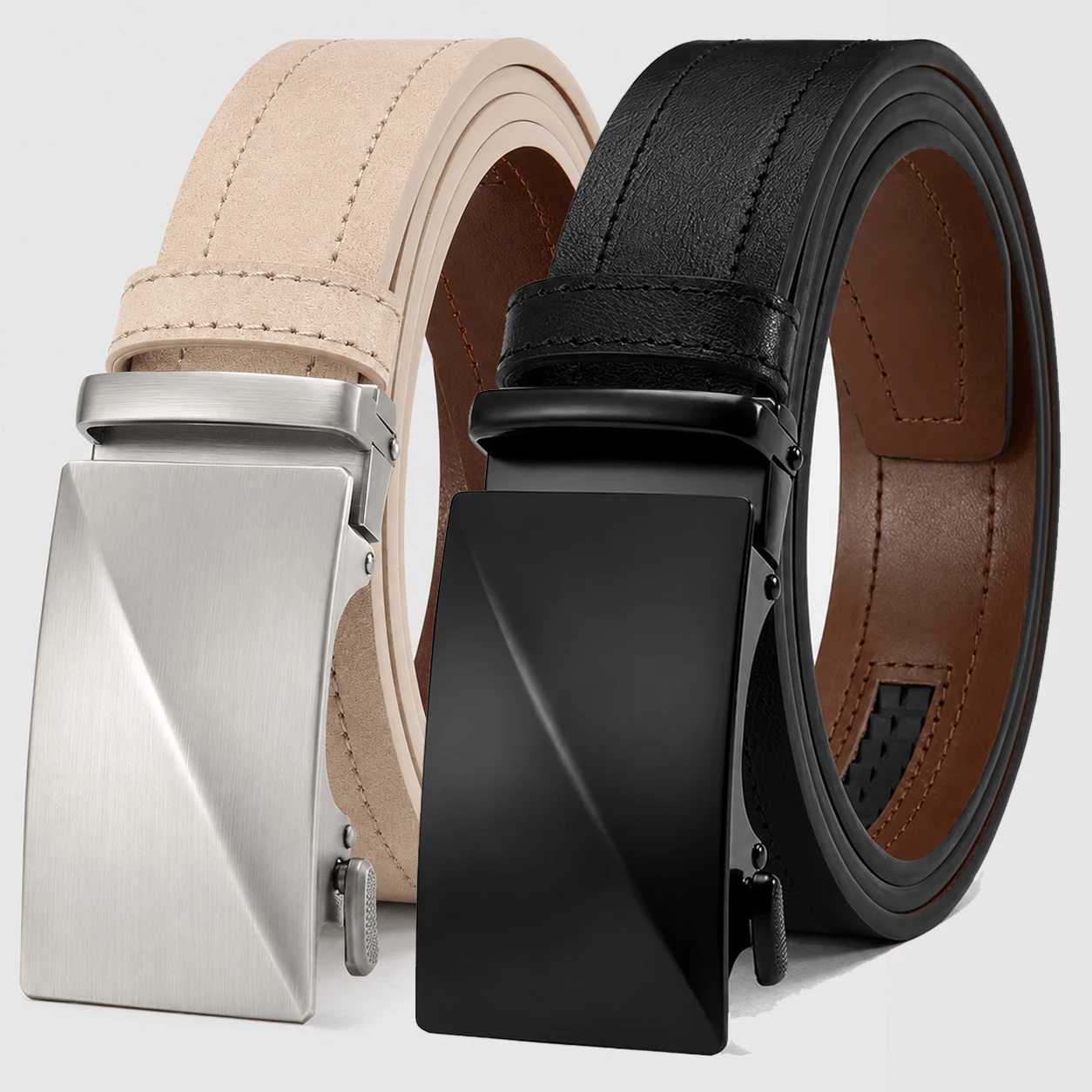 Mens Leather Ratchet Belt - Automatic Buckle Belts for Dress Pants Jeans, Micro-adjustable, Smooth Sliding Track Casual Jeans
