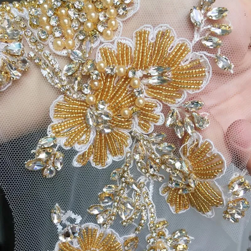 2 Pieces /1 Pair 17*37CM Hand Sewn Glass Diamond Mirror Flower Water Diamond Flower Belt Shoulder Wedding Dress DIY Patch