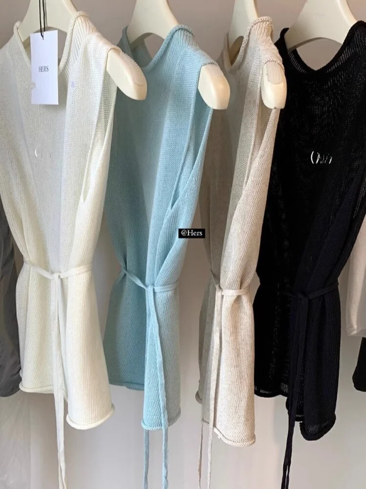 Gilet Leggero in Maglia di Seta Ghiaccio Blu Lago, Top Estivo Sottile da Donna, Quattro Stagioni, Qing Hangzhou Guangzhou Thirteen...