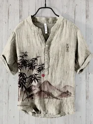 Summer japanese Art Print Vintage Henley Shirts Men's Casual Button-Down Short Sleeve v- neck T Shirt Man Tees Tops Clothing