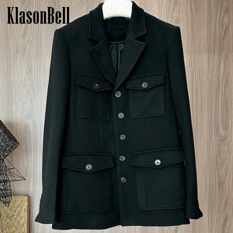 

10.10 KlasonBell-Women Classic Four Cargo Pocket Wool Blazer Lapel Single Breasted All-matches Casual Jacket Coat