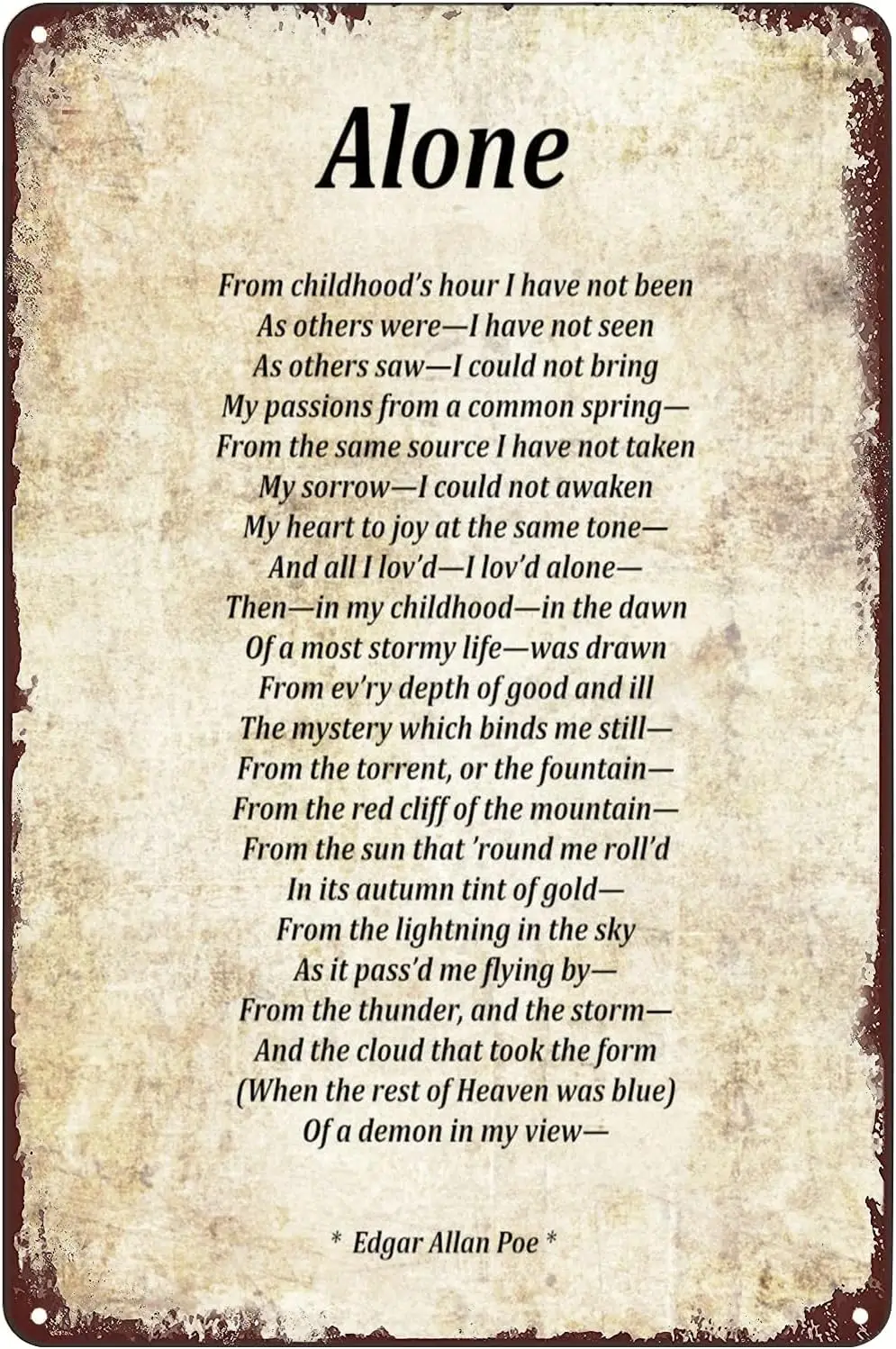 Vintage Metal Signs - Alone Poem by Edgar Allan Poe Tin Sign Poster Wall Art Decor Plaque for Home Club Cafe Living Room