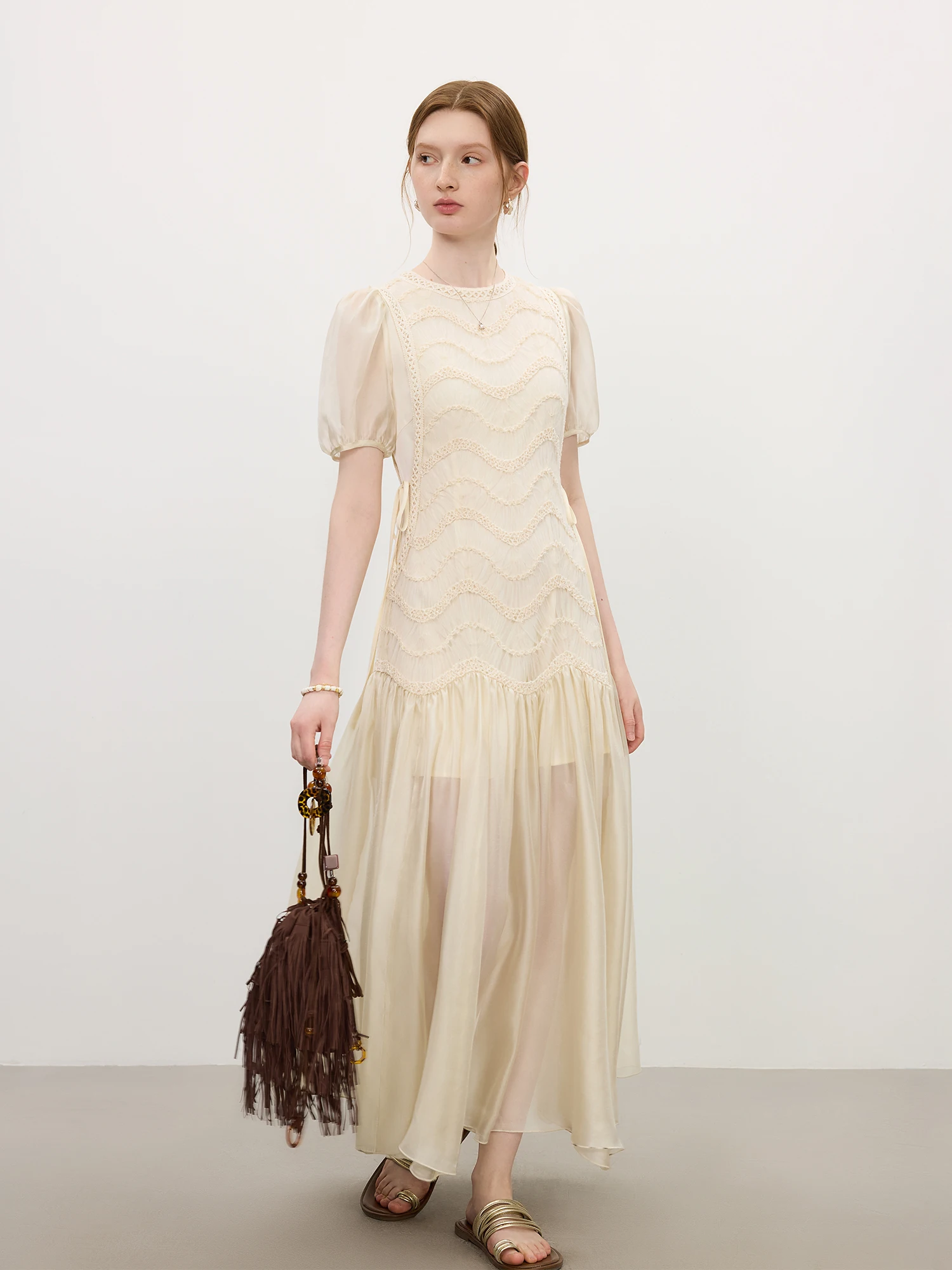 FSLE 2025 Summer Women's Mesh Embroidery Dress Hollow Out Splicing Bubble Sleeves Waist Tie Y2K Trendy Boho Chic 25FS12832