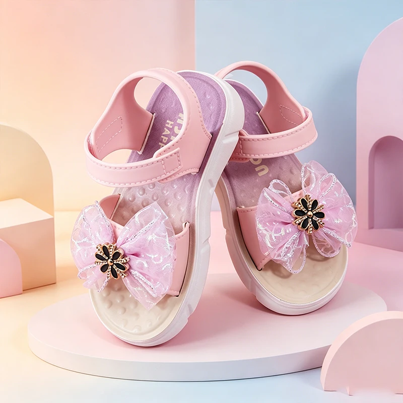 

Girls Elegant Lace Rhinestone Bow Princess Sandals, Adjustable Strap Non-Slip Thick Sole Summer Toddler Shoes