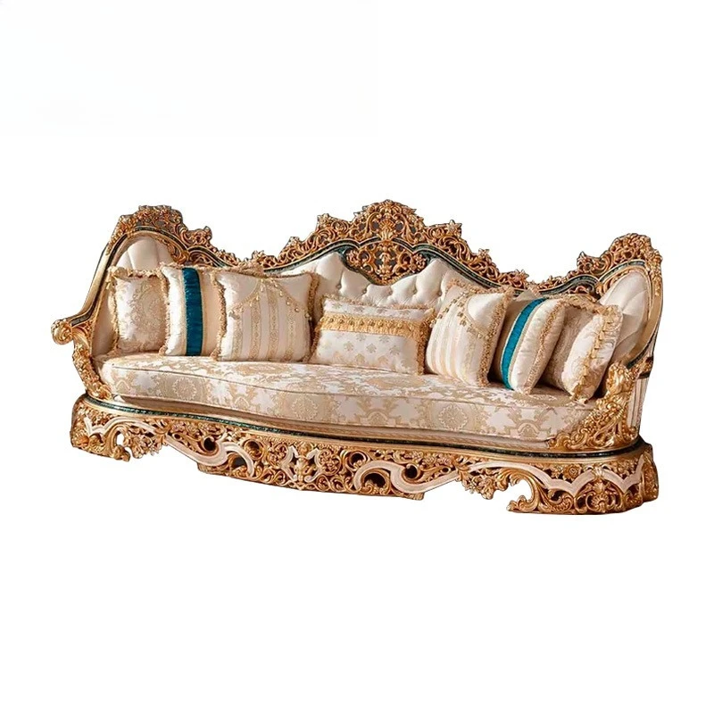 Fabric sofa coffee table, luxury solid wood carving flower luxury large apartment furniture c