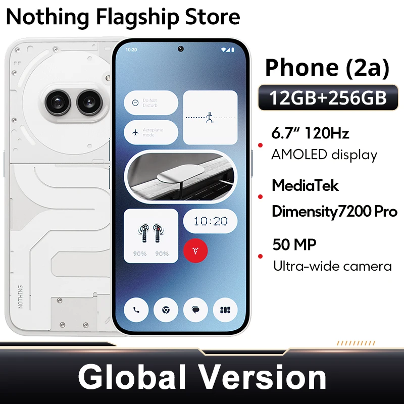 Nada Telefone (2a) Versão Global Smartphone 6,7" 120Hz Tela AMOLED Flexível Câmeras Duplas de 50MP Processador de Gravidade 7200 Pro