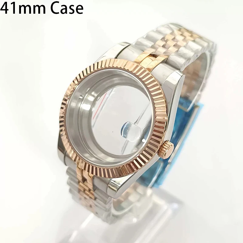 316L Stainless Steel 41mm Silver-RoseGold Classic Style Watch Case+Strap 28.5mm Dial Waterproof Fit 8285 Movement