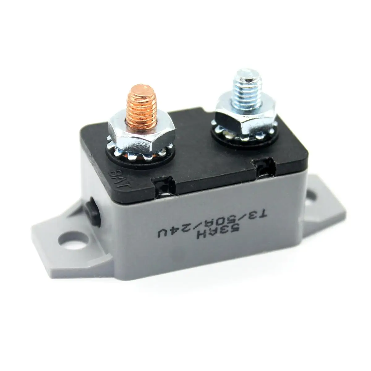 

Manual Reset Circuit Breaker 12v Mini IP66 Waterproof Plastic Body Mounting Bracket Golden Head Silver AUX BAT Incoming Outgoing