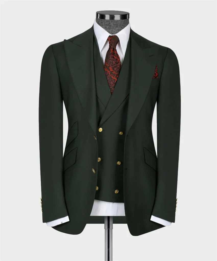 Darkest Green Men's Suits for Wedding Groom Wear Slim Fit 3PCS Blazer Vest Pants Formal Business Office Party Male Suit