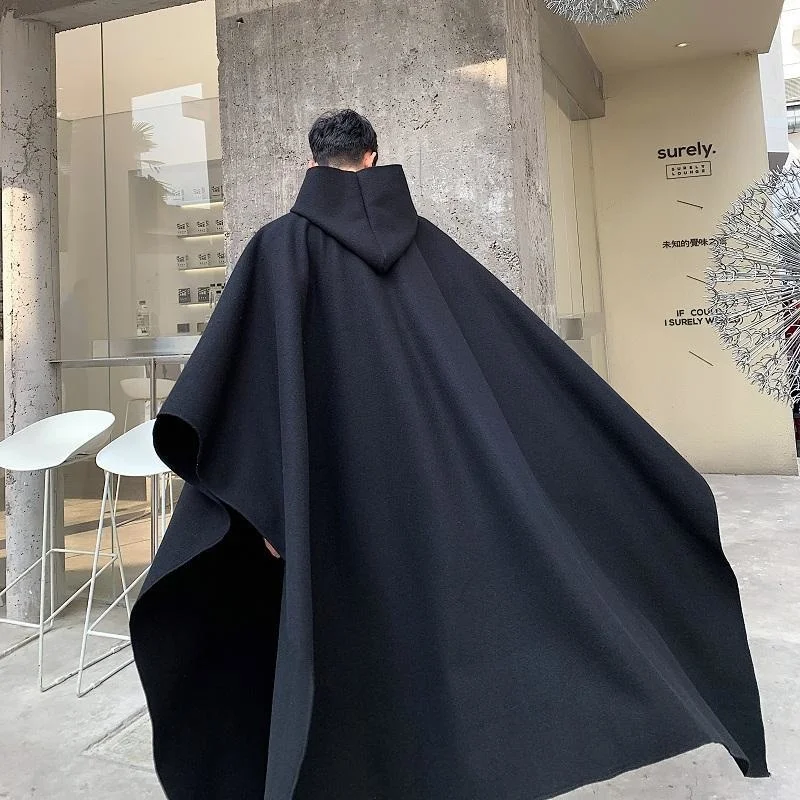 Hooded Solid Loose Men Black Cloak Coats Windproof Trench Coat Men Chic Winter Long Cape Poncho