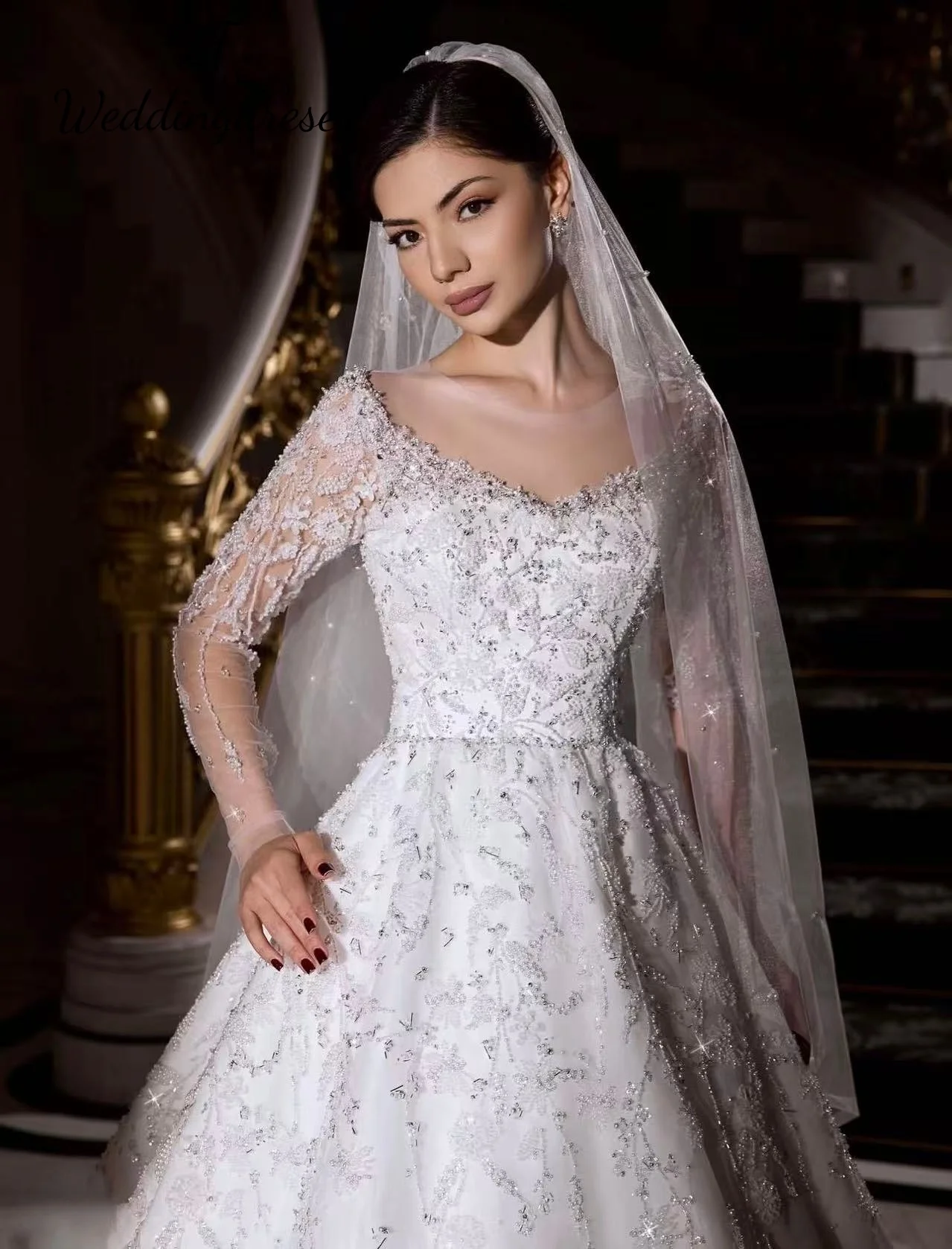 Personalizado requintado vestidos de casamento vestido de baile com decote em v manga longa lantejoulas apliques vestido de noiva novia
