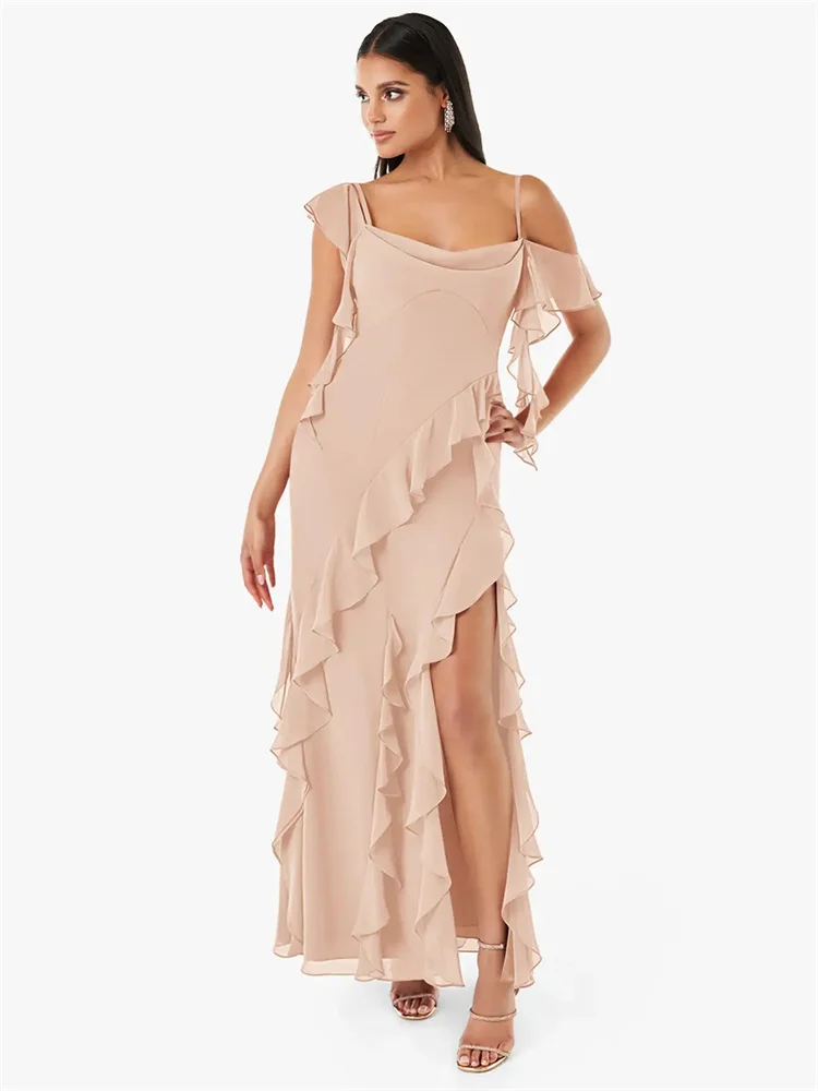 

New Arrival Off Shoulder Neck Spaghetti Straps Chiffon Evening Dress Elegant Back Zipper Floor Length High Slit Gown For Women