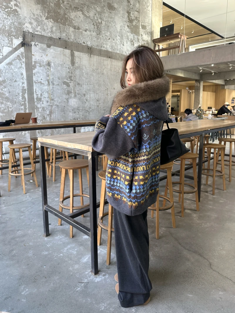 

Oversize Loose Vintage Color Blo Wool Collar Sweater Coat Zipper Open Cardigan Ultra Thiened Contrast Color Women's Faion