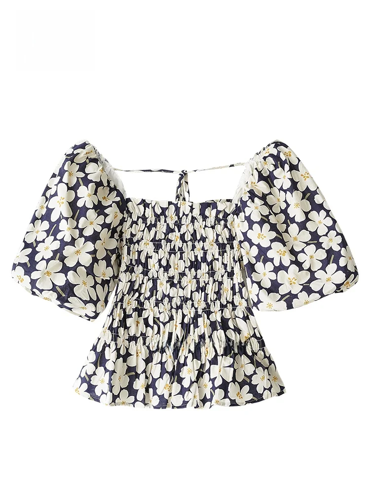 

GOFAR Countryside Style Floral Print Bubble Sleeve Short Lace Top Women Square Collar Fashionable Sensation Fashionable Shirt