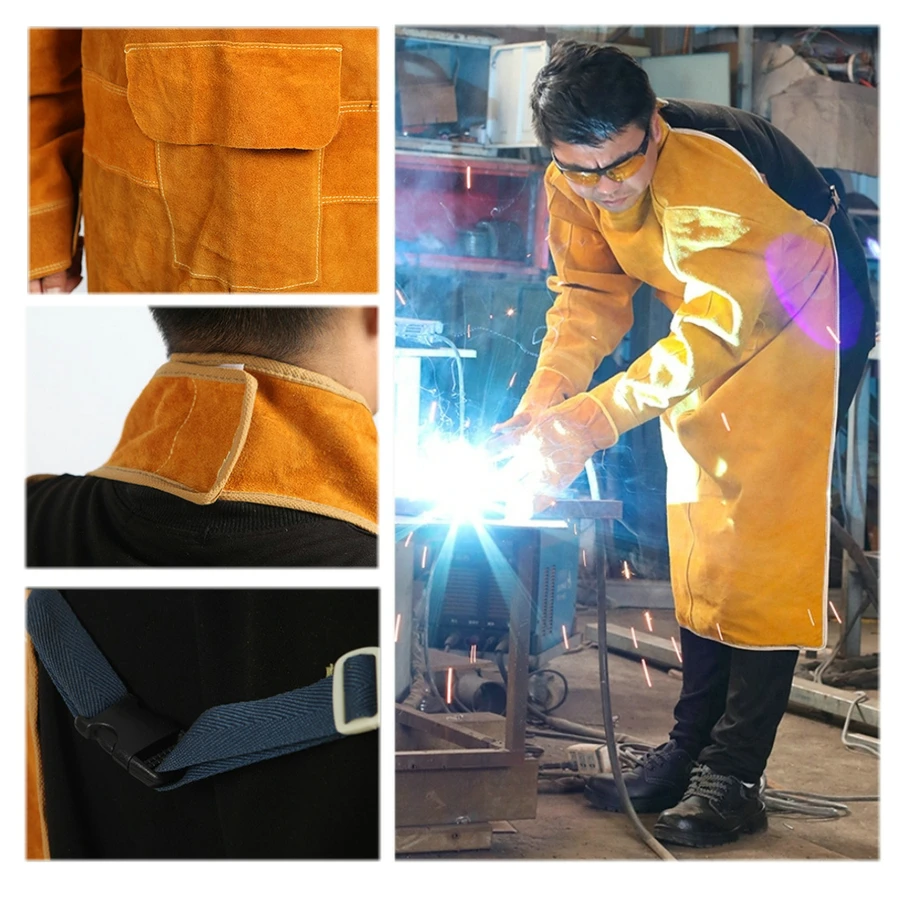 1Piece Cowhide Long-Sleeve Back-Opening Welding Apron Welding Protective Clothing Apron