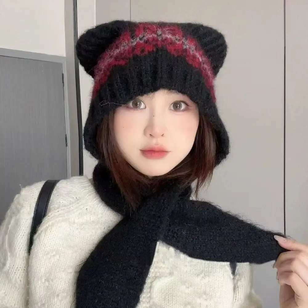 Cute Fair Isle Style Jacquard Knitted Hat Fleece-lined Printed Printing Knit Cap Wool Korean Bear Ears Beanies Outdoor