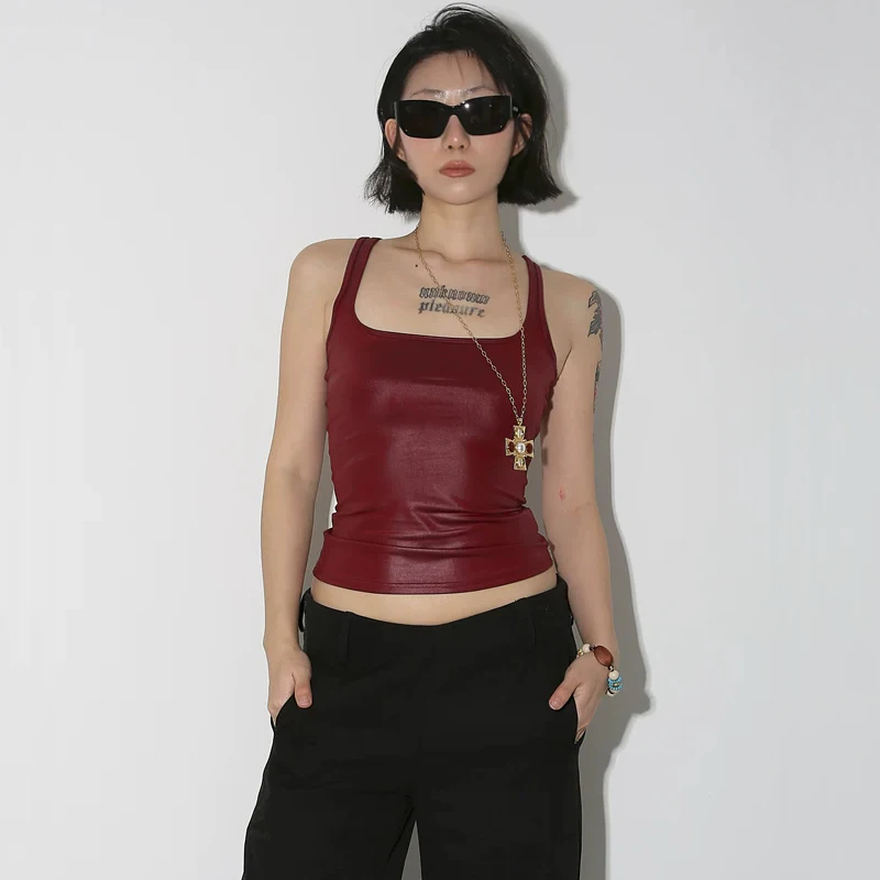 Women Scoop Neck Metallic Racer Tank Top