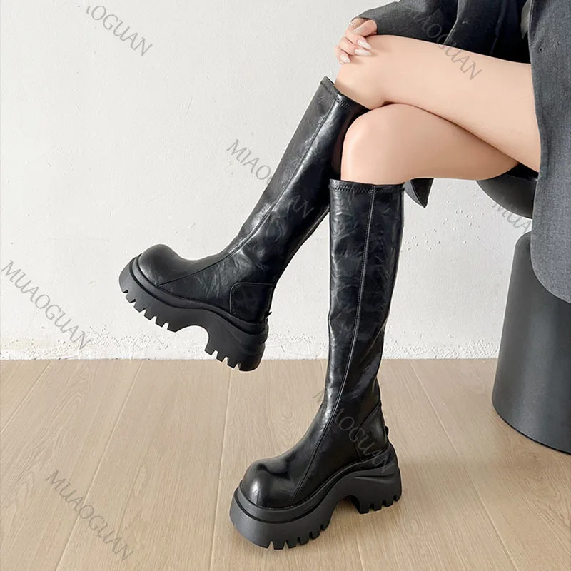 Women's Knee-High Leather Boots, Round Toe, Thick Sole And Heel, Riding Style, Black And Brown_voghion.com