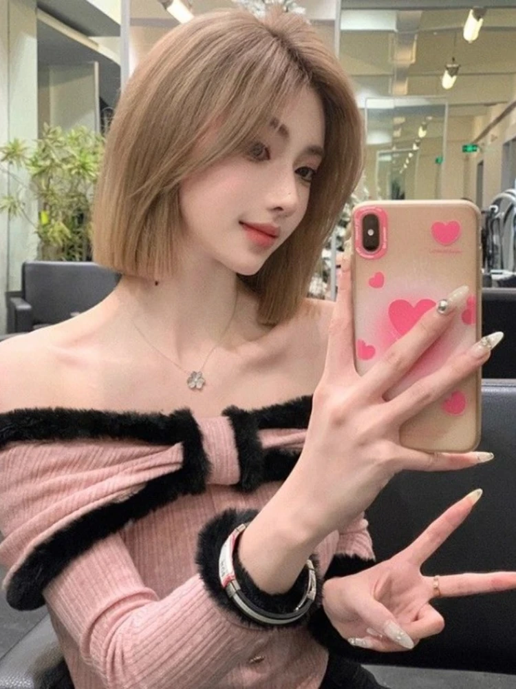 Sweet Fashion Patchwork Fluffy Pullover Y2k Aesthetic All Match Slash Neck Crop Top Casual Bottoming Women Off Shoulder Knitwear