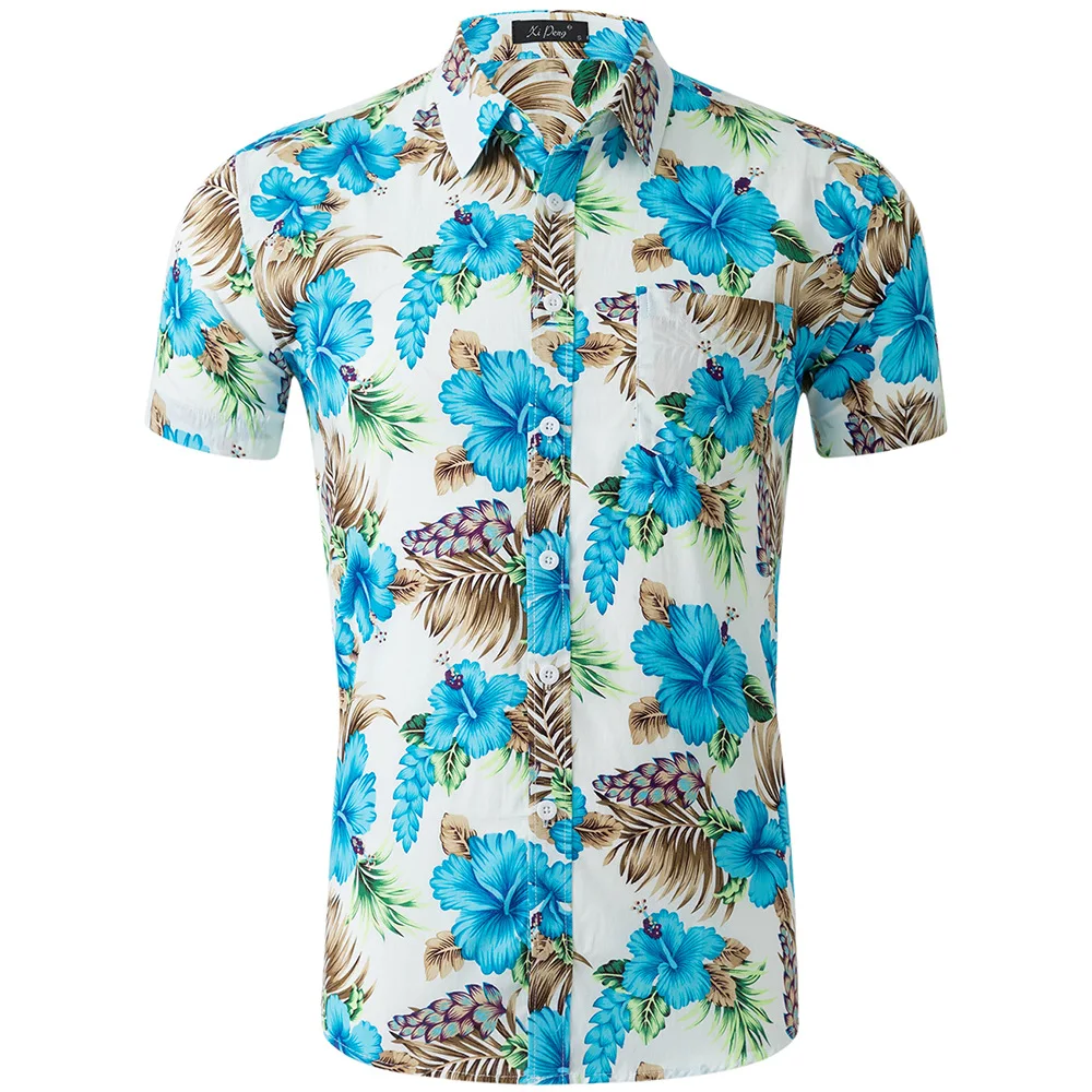 Short Sleeve Hawaiian Shirt Men Festive Carnival Summer Mens Hawaiian Shirts Casual Tropical Plants Print Beach Aloha Chemise