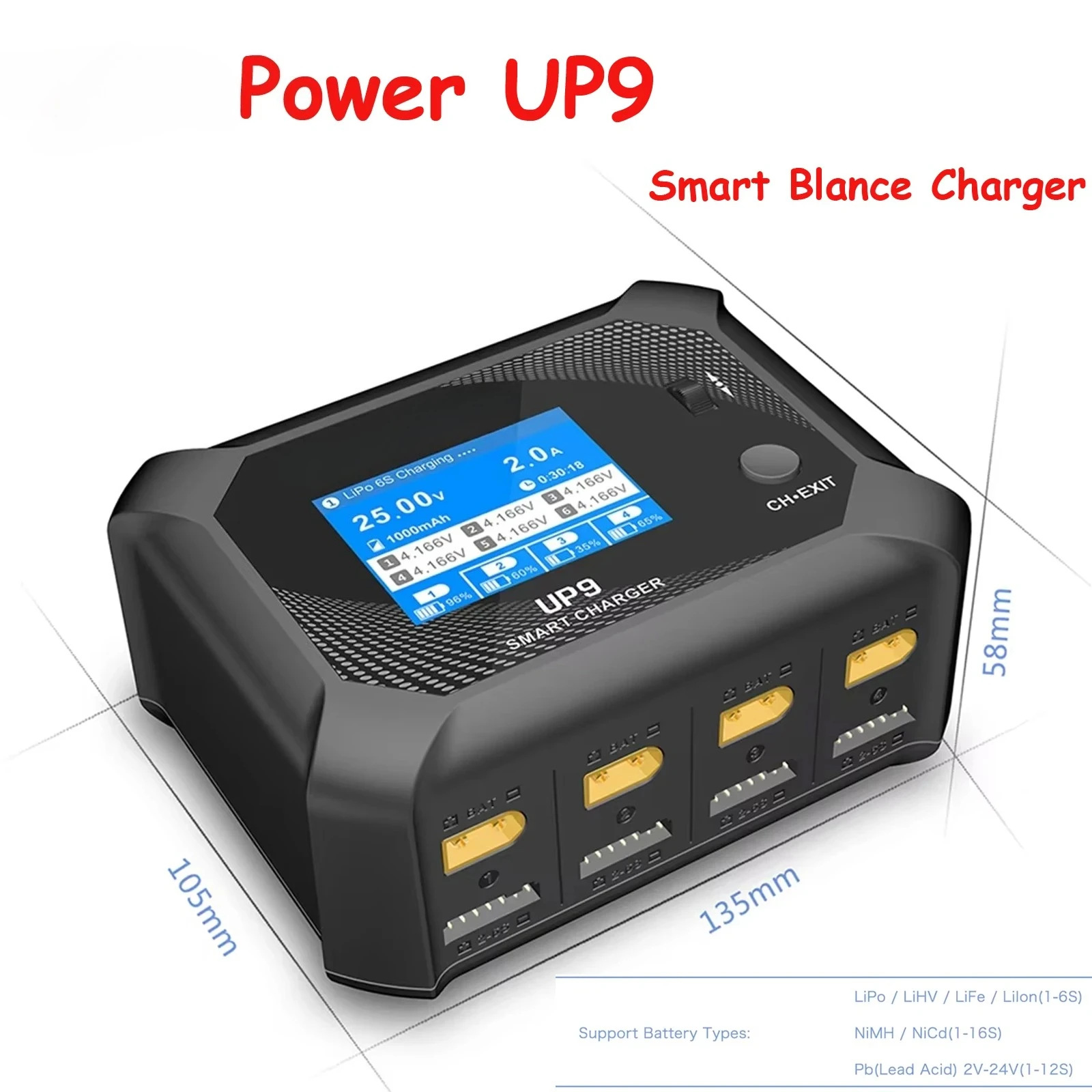 Power UP9 Smart Blance Charger Discharger AC 100W DC 200W LCD 4Ch Charger for 1-6S LiPo/LiHV/LiIon/LiFe Battery RC Model