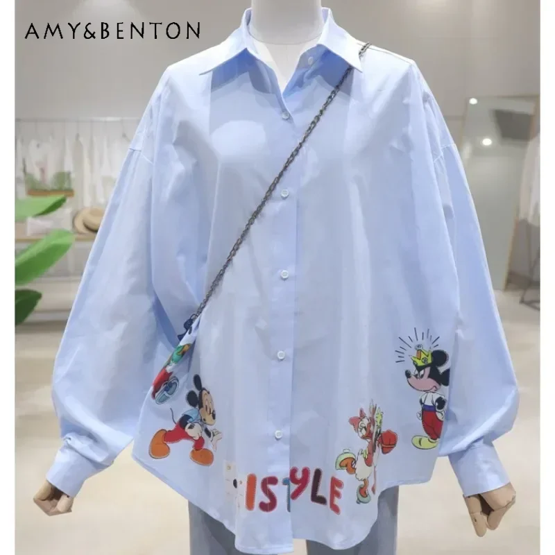 Popular Design White Blouse Cartoon Printing Top 2024 Early Autumn New Loose Casual Cotton Long-sleeved Shirt Women's Clothes