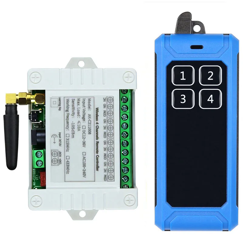 433MHZ Ndustrial DC12V24V 36V 4CH RF Wireless Remote Control Switch Radio Receiver With 20-1000M Long Distance Remote controller