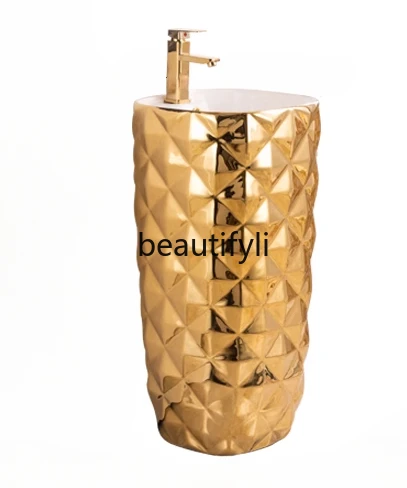 

European-style golden integrated floor-to-ceiling column basin bathroom, wash basin, local tyrant gold wash basin, wash basin