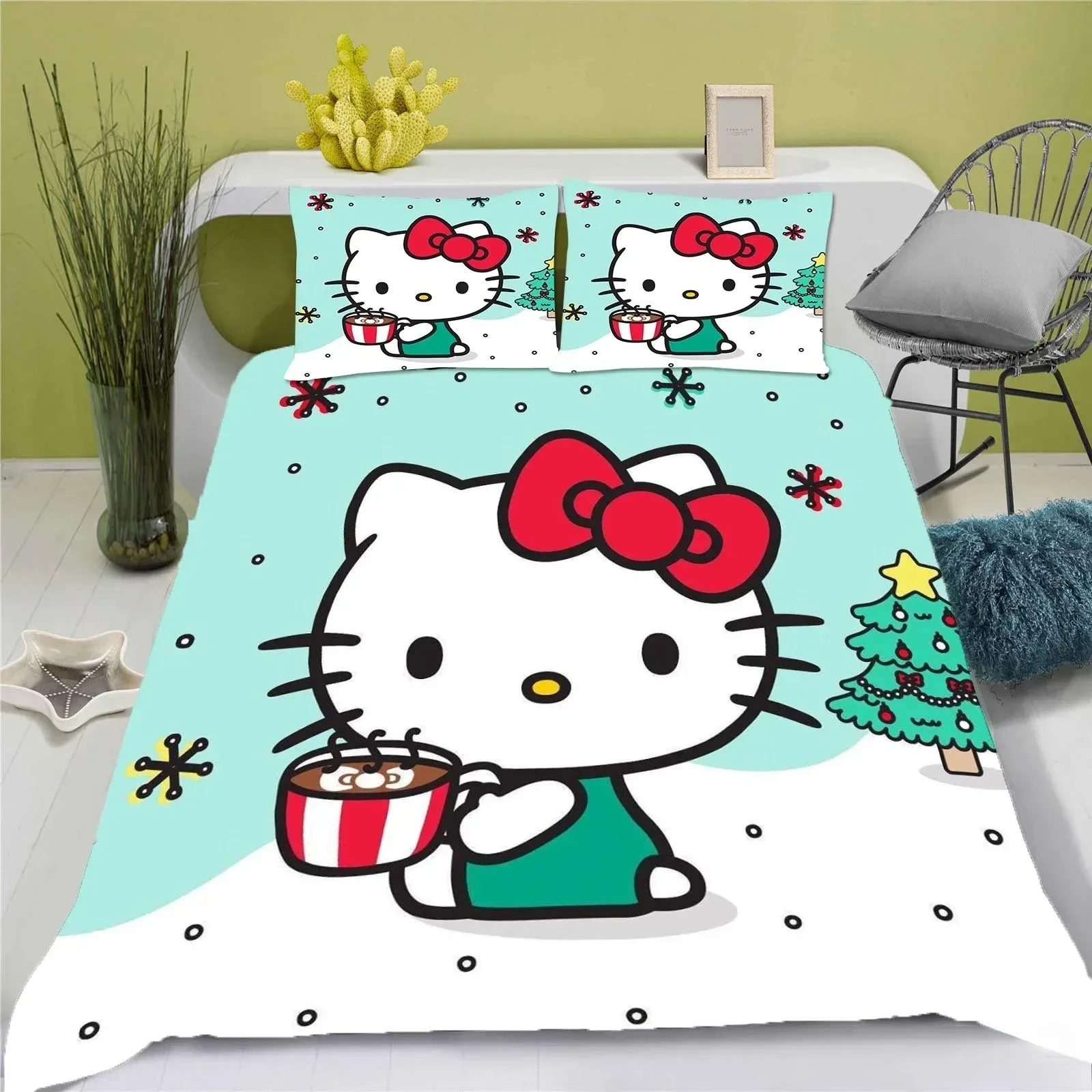 

Hello Kitty Anime Bedding Set Duvet Cover 100% Polyester Suitable For Children And Adults 2/3-Piece Set 1 Quilt Cover