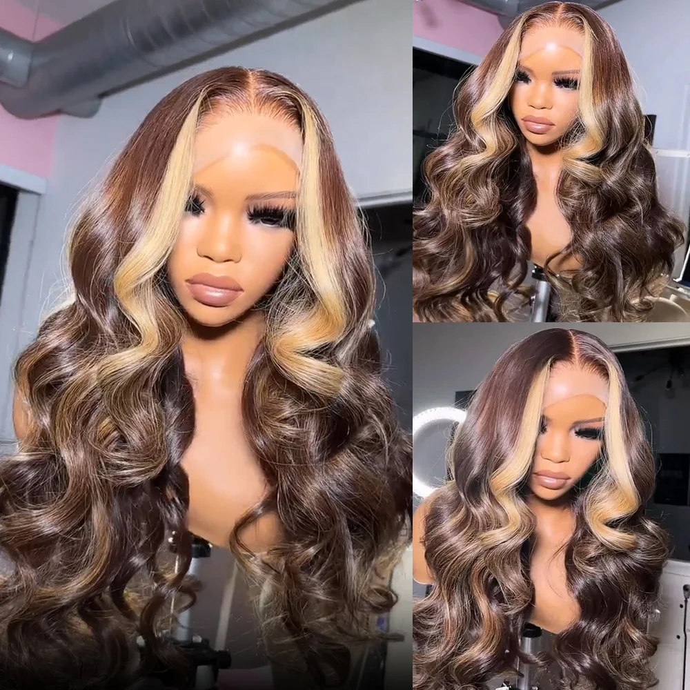 

Chocolate Brown Lace Front Wig Honey Blonde Skunk Stripe Body Wave Lace Front Wigs Highlight Synthetic Glueless Wigs For Women