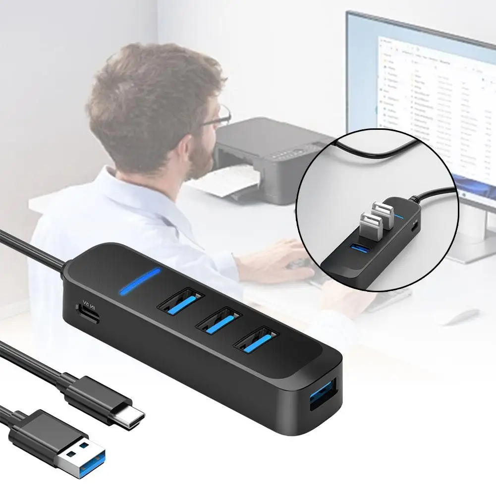 Hub USB 2.0 com Adaptador de Energia, Multi Splitter, Expansor Múltiplo, Acessórios de Computador, USB 2.0, Tipo C, V2I6, 4 Portas