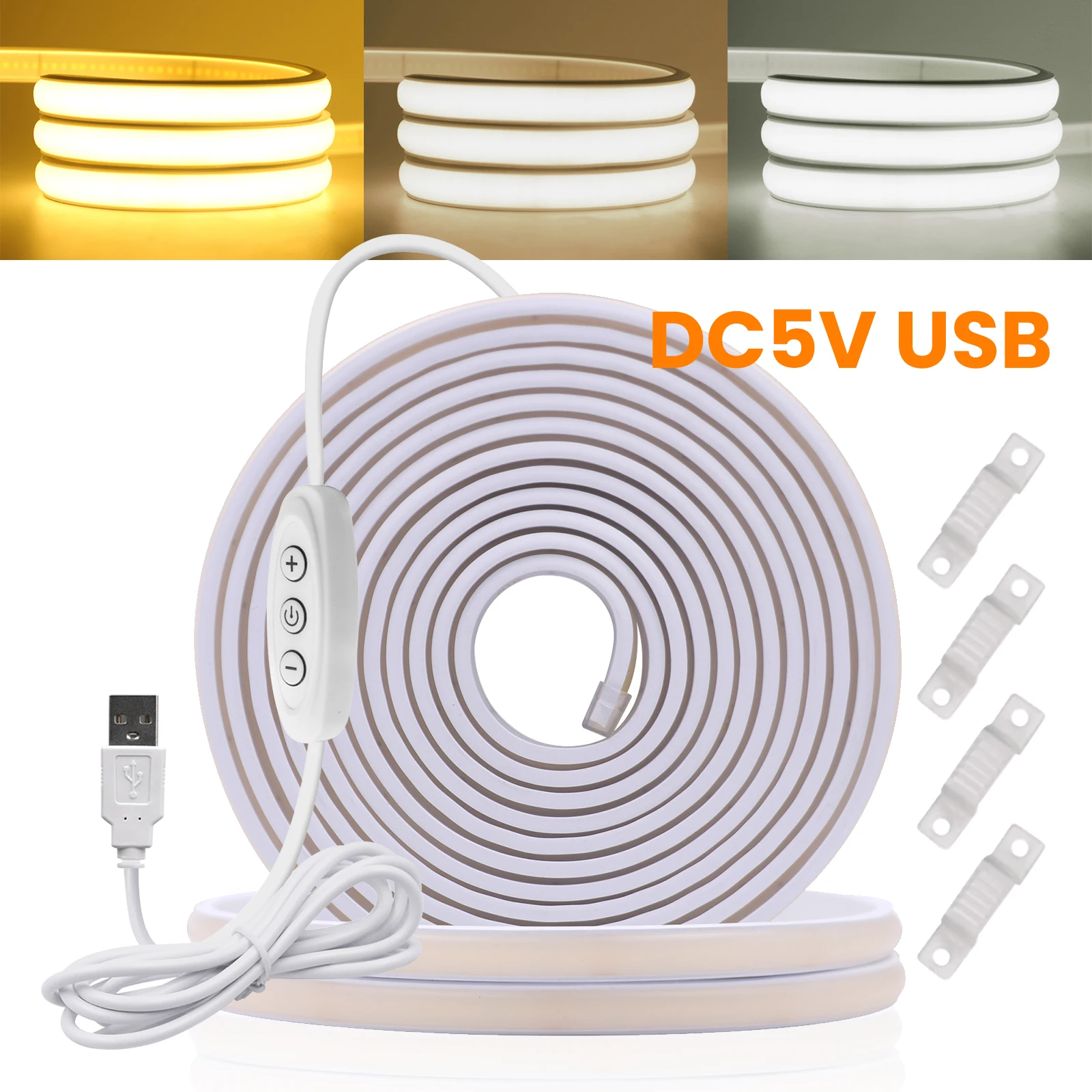 

Светодиодная лента COB USB 5В, водонепроницаемая, 320 светодиодов/м, гибкая неоновая подсветка с диммером, высокоплотное линейное освещение для дома
