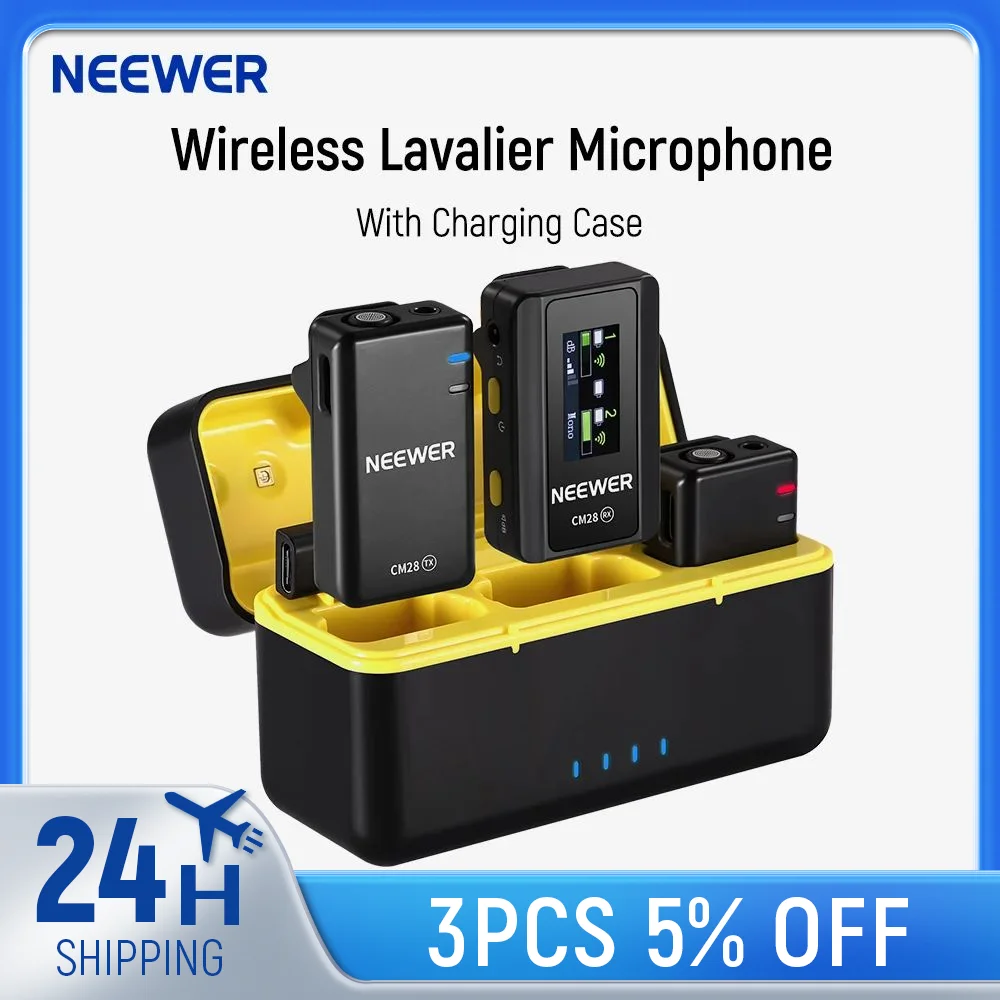 NEEWER CM28 bezprzewodowy mikrofon krawatowy z etui ładującym 1 kliknięcie z redukcją szumów Audio mikrofon klapowy dla iPhone/Android/PC/kamery