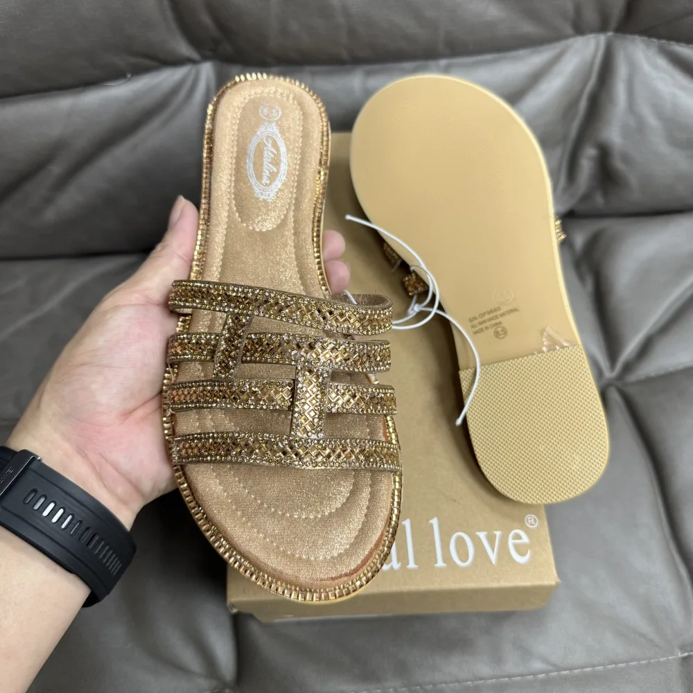 Summer New Bronze Rhinestone Slippers Plus Size Flat-bottomed Casual Women's Slippers Fashion Gold Shiny Envelope Bag in Hand view 6