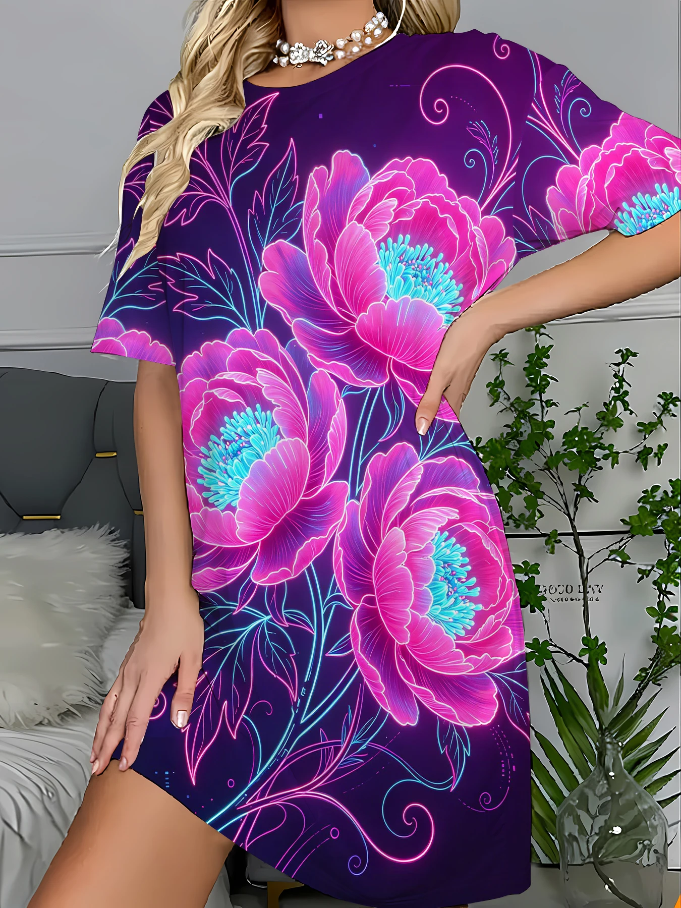 All-Over Print Sleep T-Shirt Dress Women Stretchy Knit Nightgown
