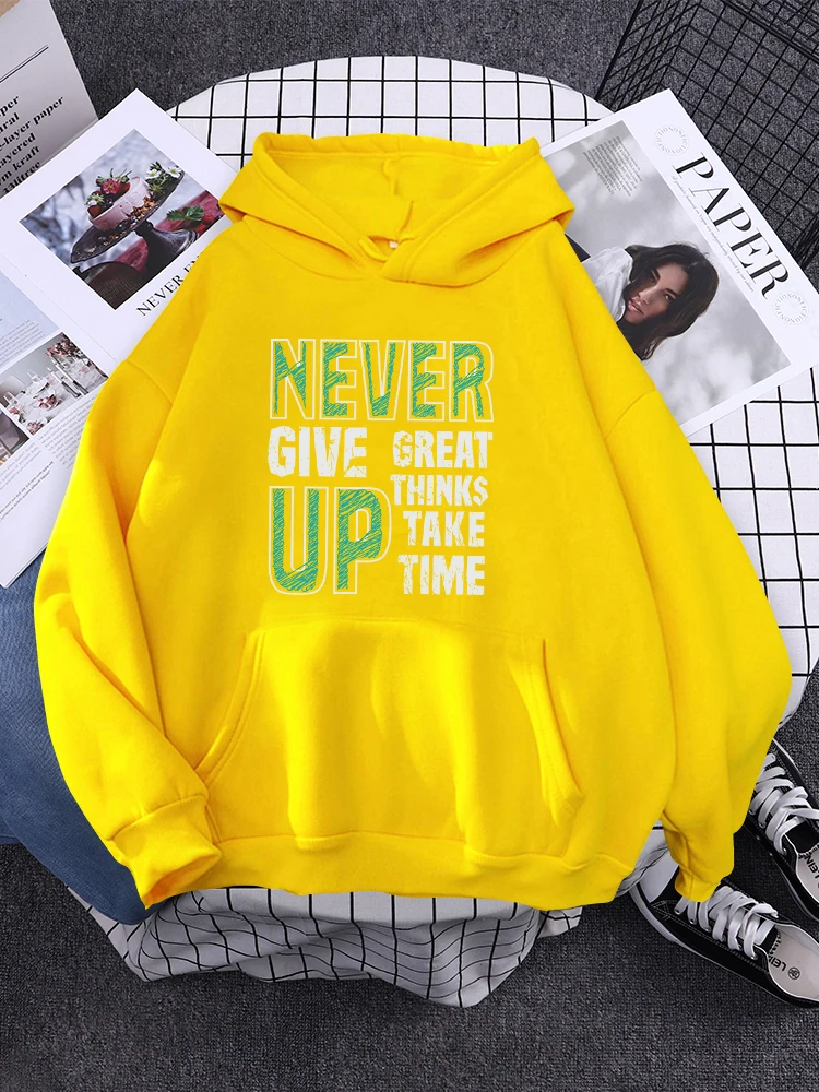 

Never Give Up Great Thinks Take Time Printed Hoodie Fashion Warm Hoody Casual Loose Sweatshirt Harajuku Pocket Womens Pullovers