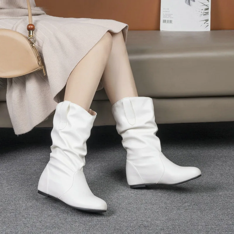 Girls Mid-Calf Boots Women Flat Shoes Spring Autumn Women High Boots Long Western Cowboy Boots Women Footwear Large Size 30-43