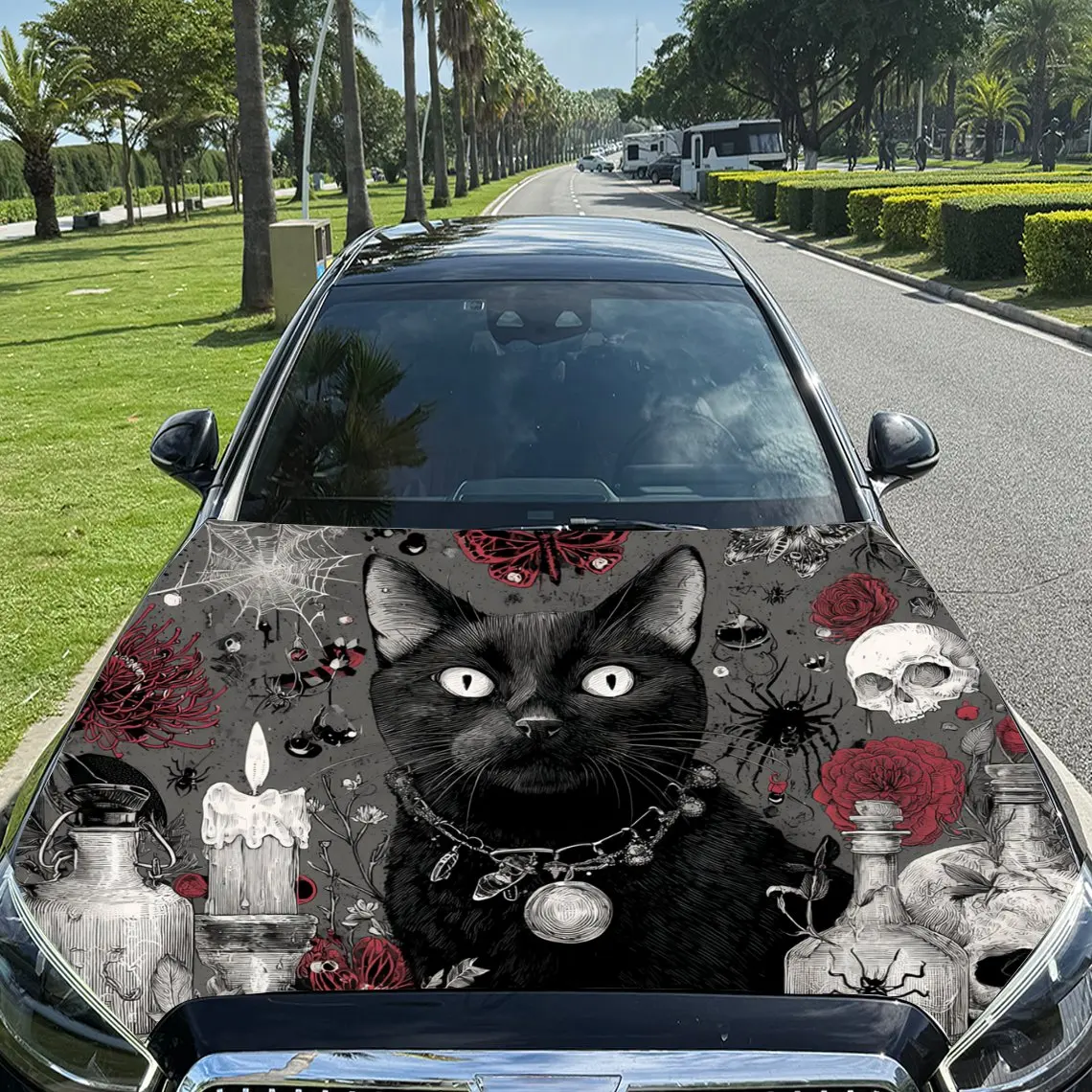 Car Decals Black Cat with Floral and Skull Elements Car Hood Sticker, Waterproof Self - Adhesive Vinyl Graphics Decals, Decorati
