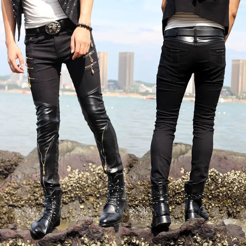 Men Korea Skinny Performance Gothic Jeans Pants Leather Patchwork Multi Zipper Pencil Pants Black Color