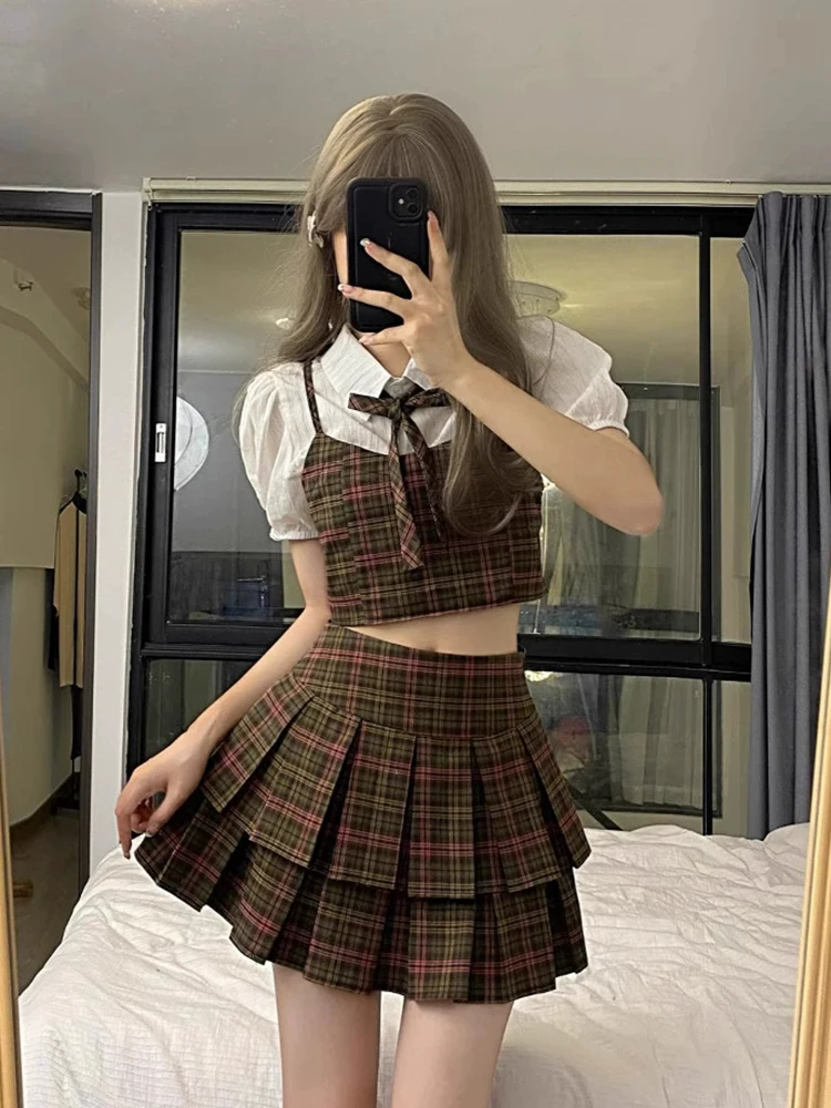 

Preppy Style Jk 2 Piece Sets Women Japanese Sweet Bow Puff Sleeve White Shirts Summer Chic Plaid Patchwork Slim Lady Mini Skirts