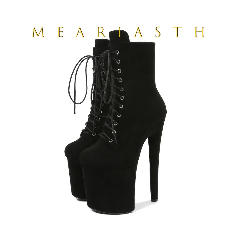 

2025 Black suede leather Strip Pole Dance Boots 20cm Stripper Heels Platform Suede Women Ankle Boots Lace-up Zip Nightclub Shoes