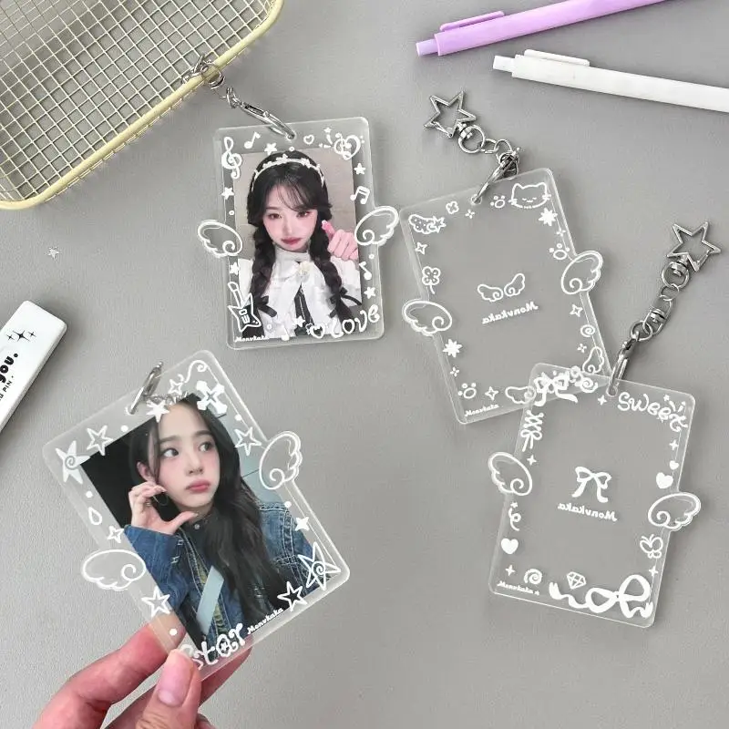 Acrylic Clear Photocard Holder Cute Wing Print Star Keychain Anti-Scratch for Kpop Fans Idol Card Storage