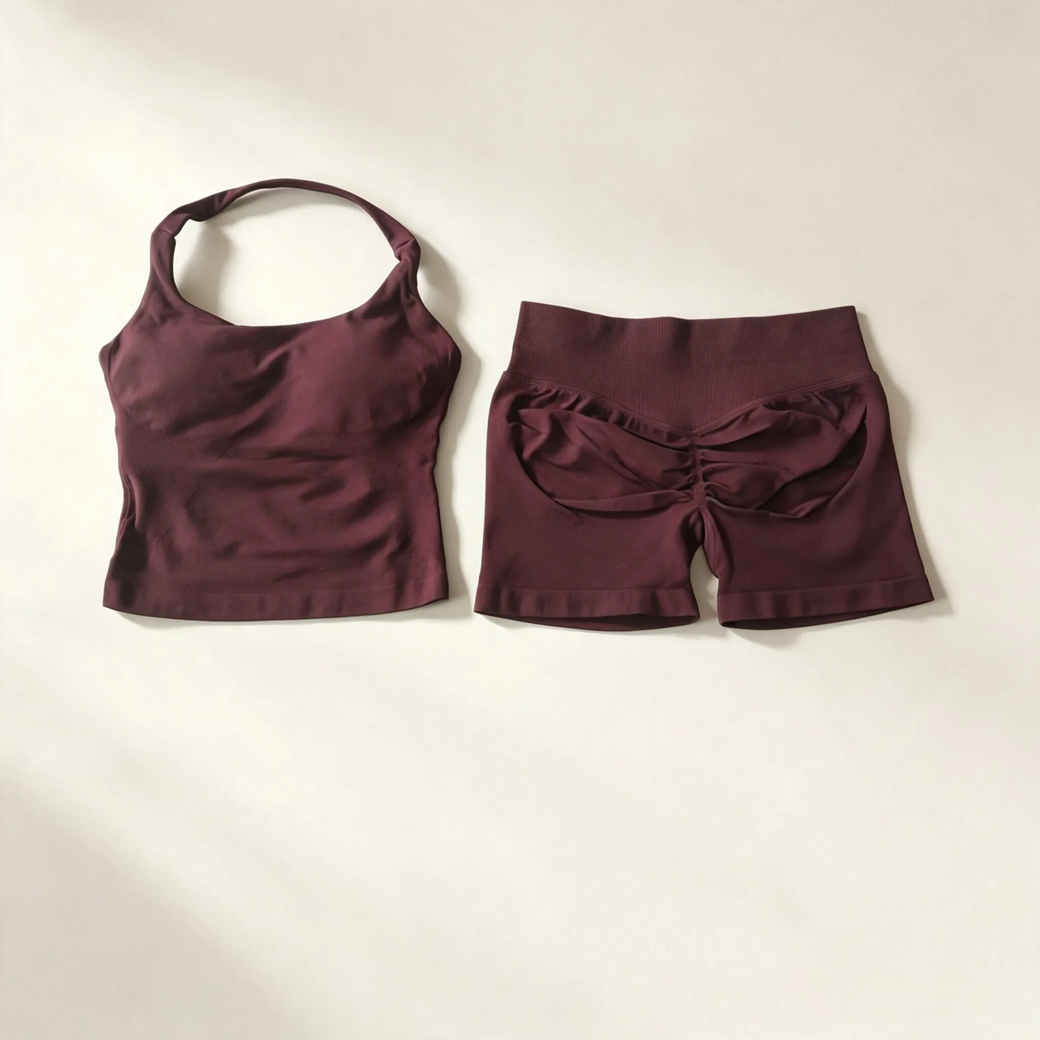 Dneyf 1D-3Y-2F Damen Neckholder Crop Sport-Top & Rüschen Scrunch Butt Shorts 2-teiliges Set Schnelltrocknendes Fitness Yoga Workout Outfit – Detail 17
