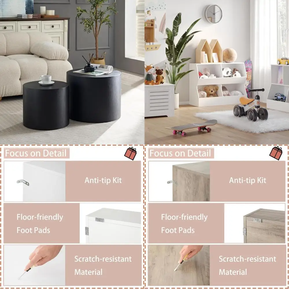 Modern Living Room Coffee Table Set: 2-Piece Round Wooden Side Tables with Accent Furniture