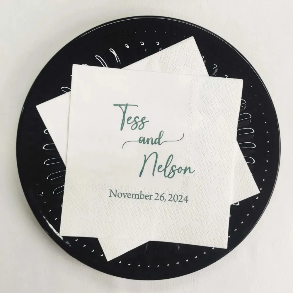 50 pcs Custom Modern White with Gold Themed 3 ply Premium Cocktail Napkins MeasureCustomize Names & Date or any other message