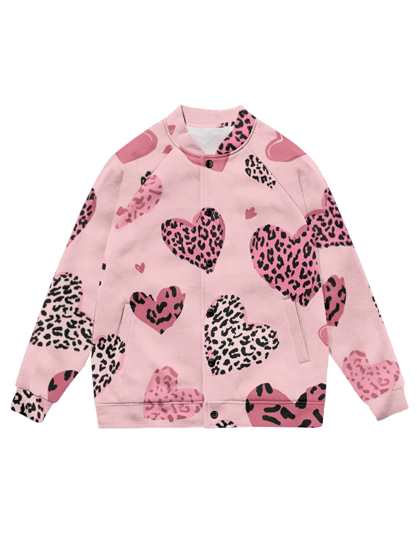 

Leopard Pink Leopard Heart Print Baseball Jacket Women Men Couple Cute Streetwear Button Front Side Pockets Valentine's Day Gift