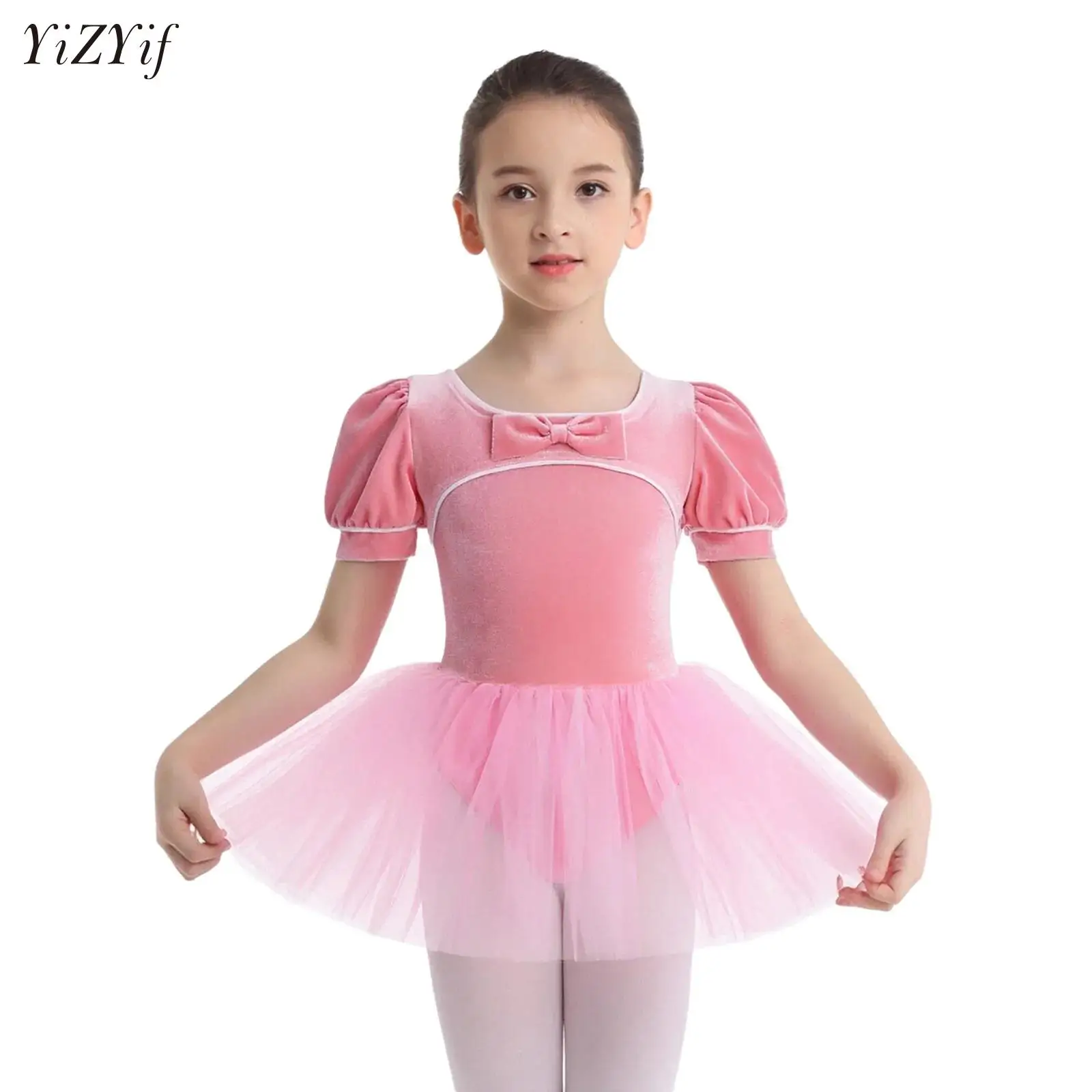 

Girls Ballet Dance Tutu Dress Kids Children Bow Puff Sleeves Velvet Tulle Dress Gymnastics Leotard Dance Wear Training Clothes