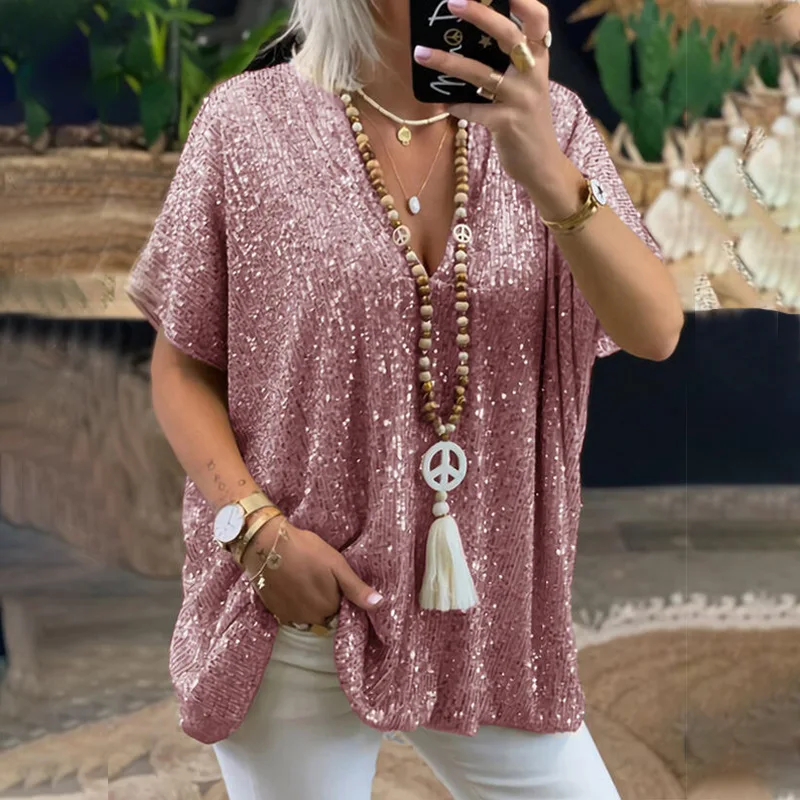 Summer Casual Loose V-neck Pullover Tops Sequins Decoration Women New Gold T-Shirt Fashion Solid Streetwear Tees Blended Clothes