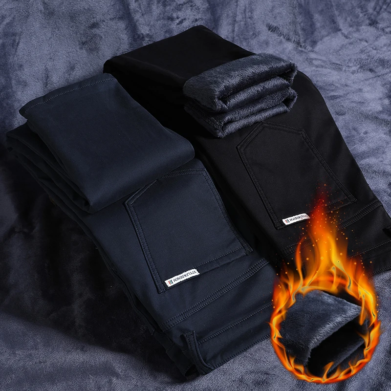 

Winter New Men's Warm Thick Casual Pants Business Fashion Black Blue Stretch Fleece Office Slim Trousers Male Brand